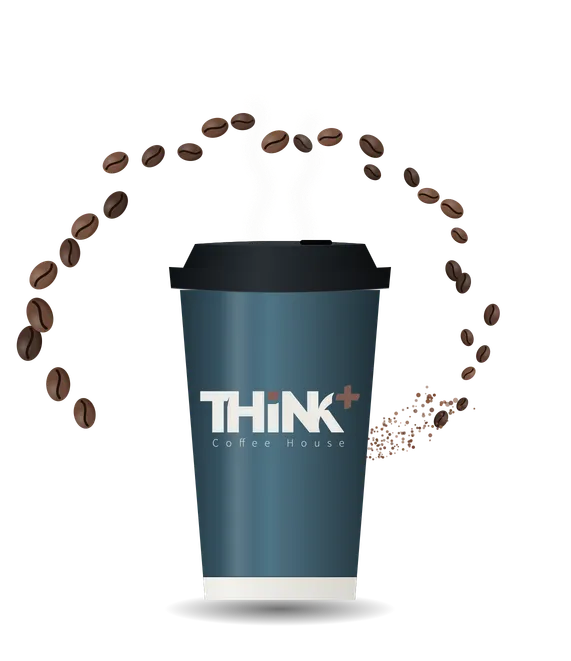 Illustration of a Think+ takeaway cup with a swirl of coffee beans